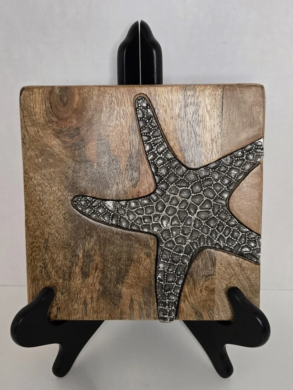 Mudpie Coastal Naturals Silver Metal Starfish Wooden Cheese Board